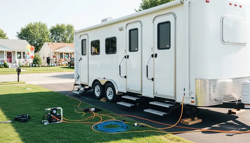 Luxury restroom trailer at an outdoor wedding